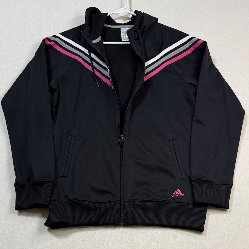 Adidas Kids Jacket in Black with Pink and White Stripes
